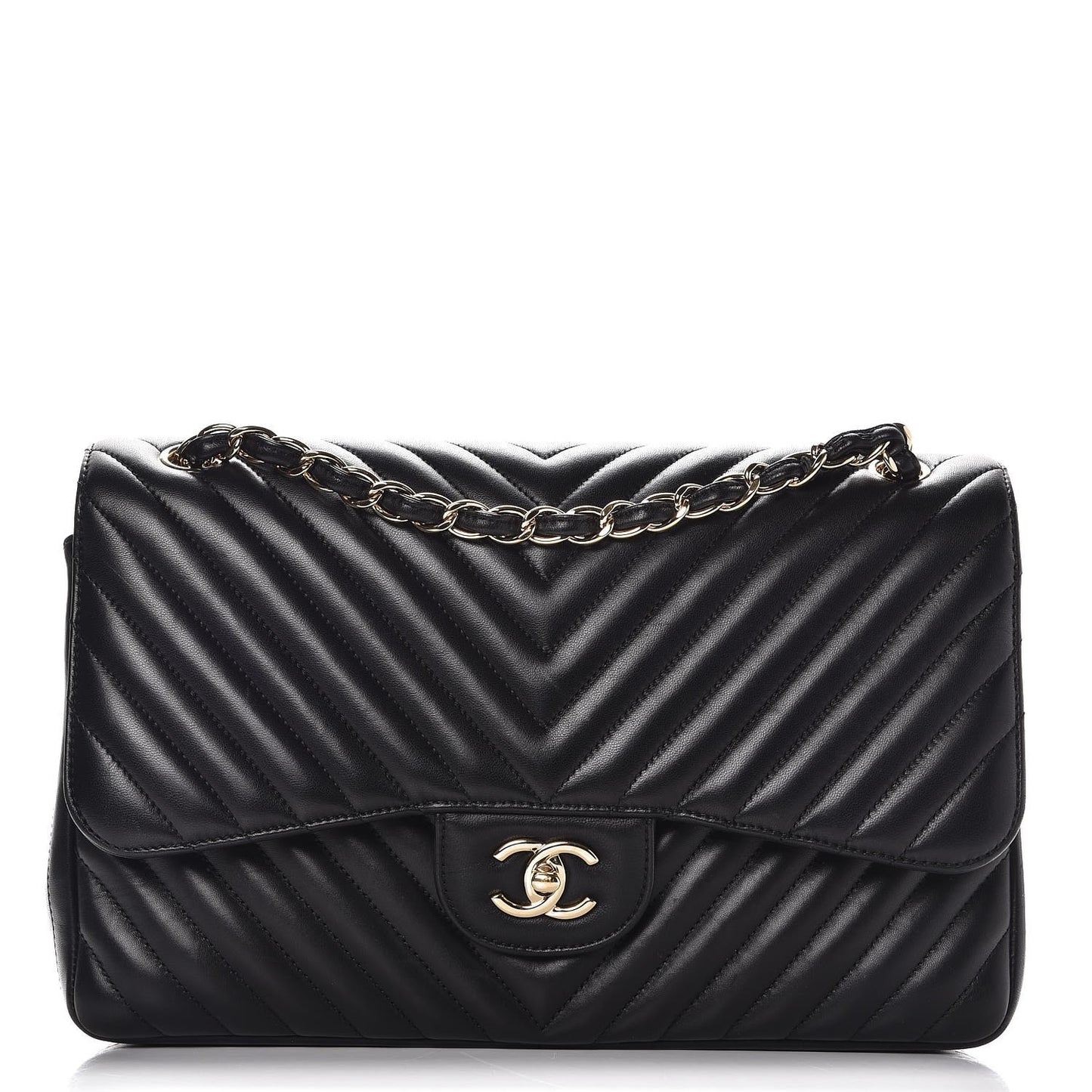 Lambskin Chevron Quilted Jumbo Double Flap Black