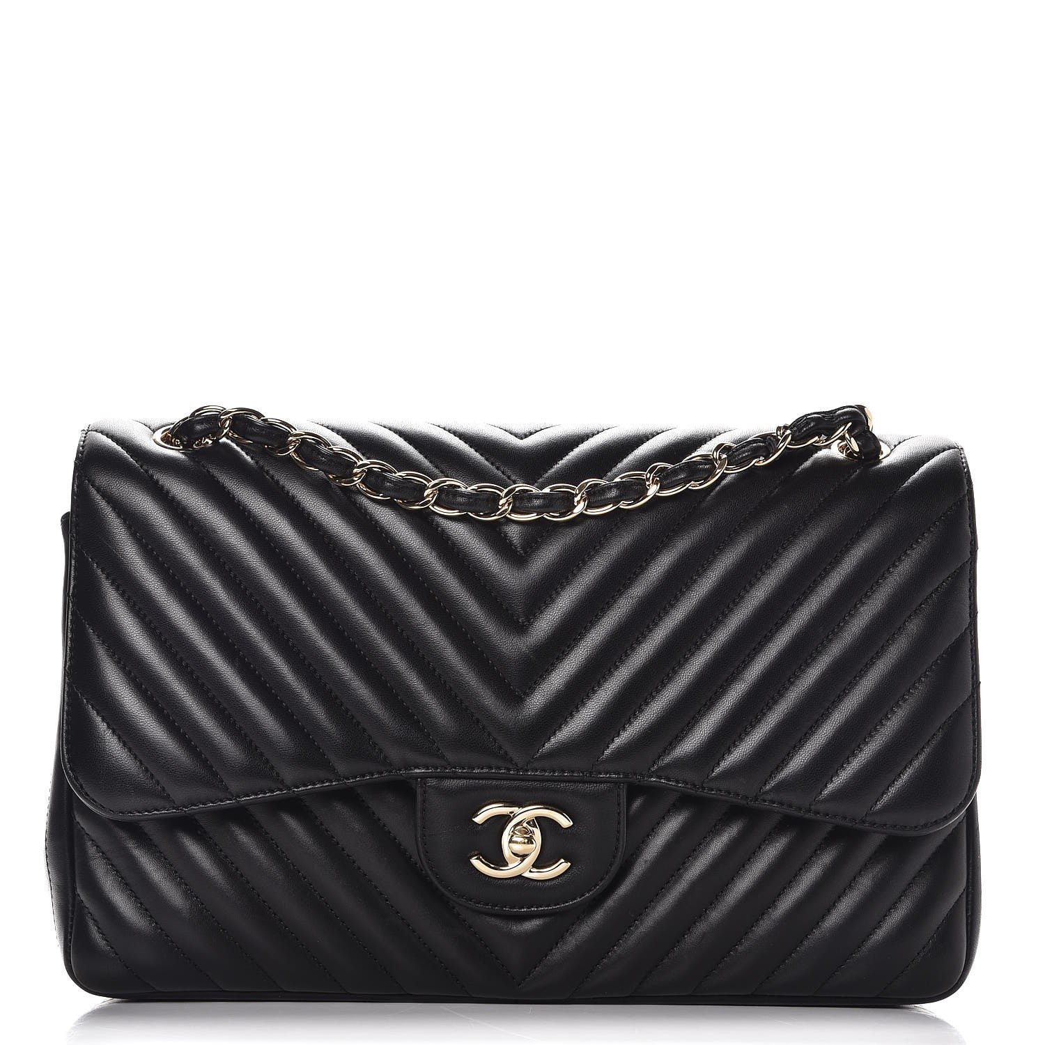 Chanel Lambskin Chevron Quilted Jumbo Double Flap Black 1 of 9
