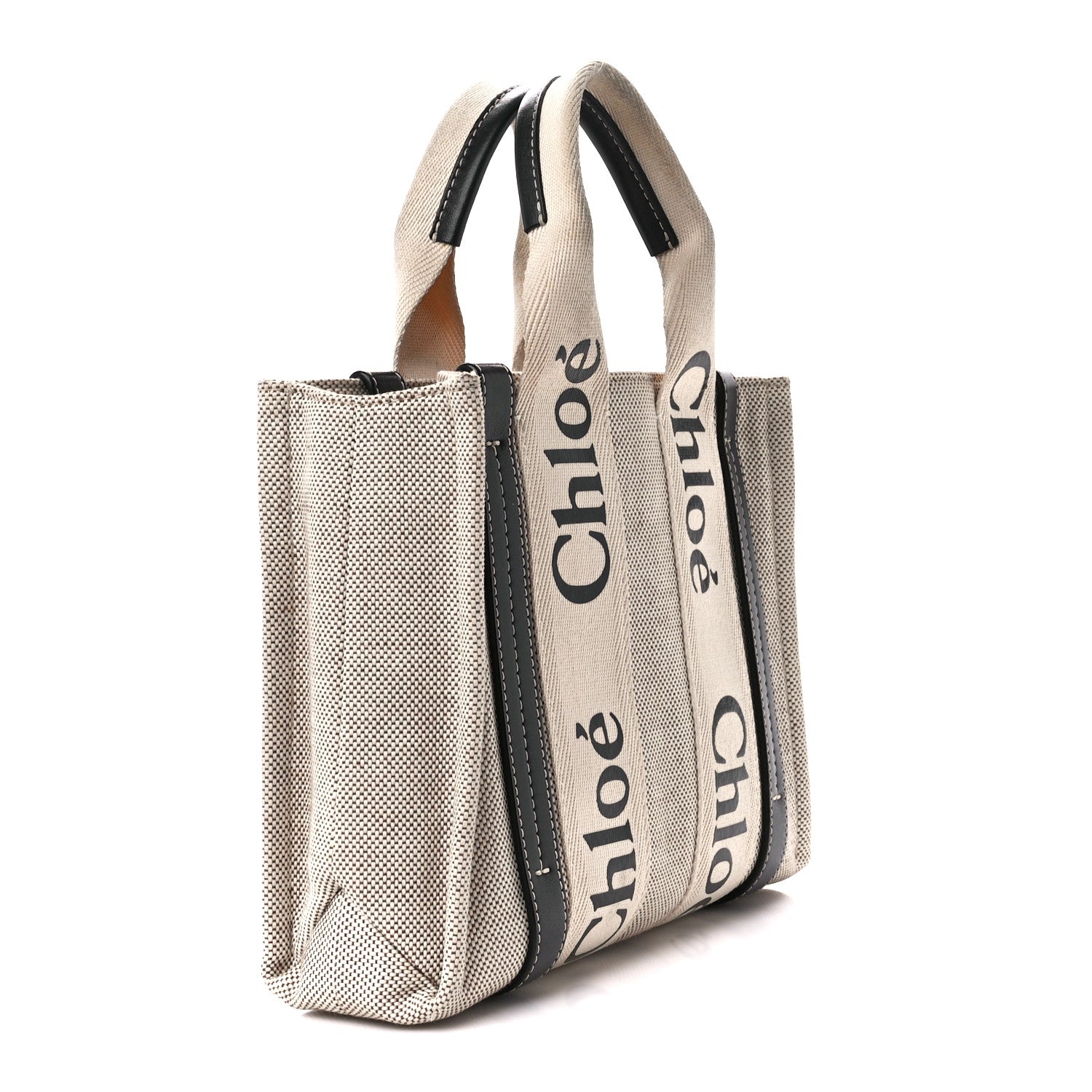 Chloe Cotton Calfskin Small Woody Ribbon Tote With Strap White Navy 3 of 11