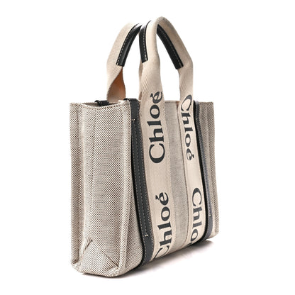 Chloe Cotton Calfskin Small Woody Ribbon Tote With Strap White Navy 3 of 11