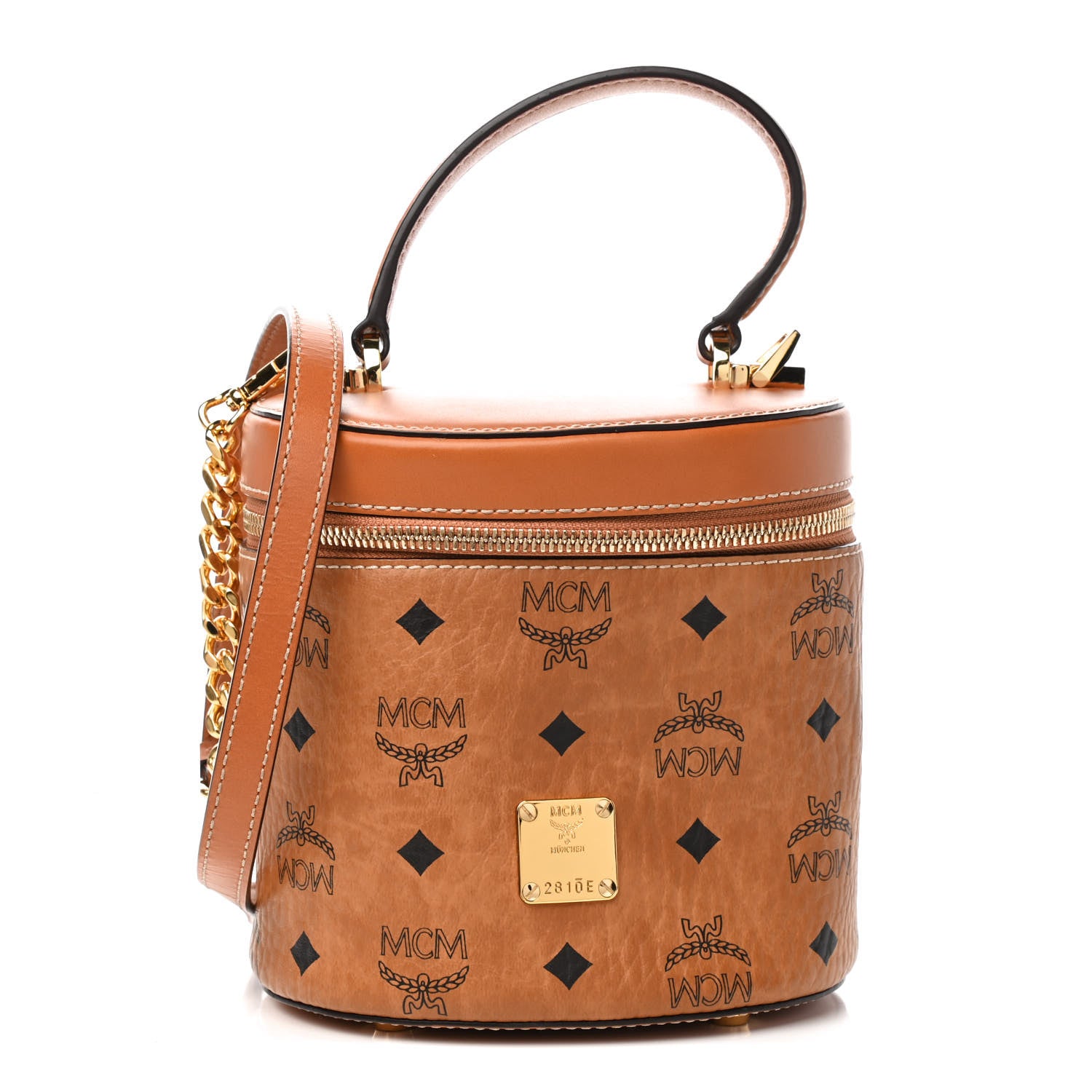 MCM Visetos Small Cylinder Crossbody Bag Cognac 1 of 4