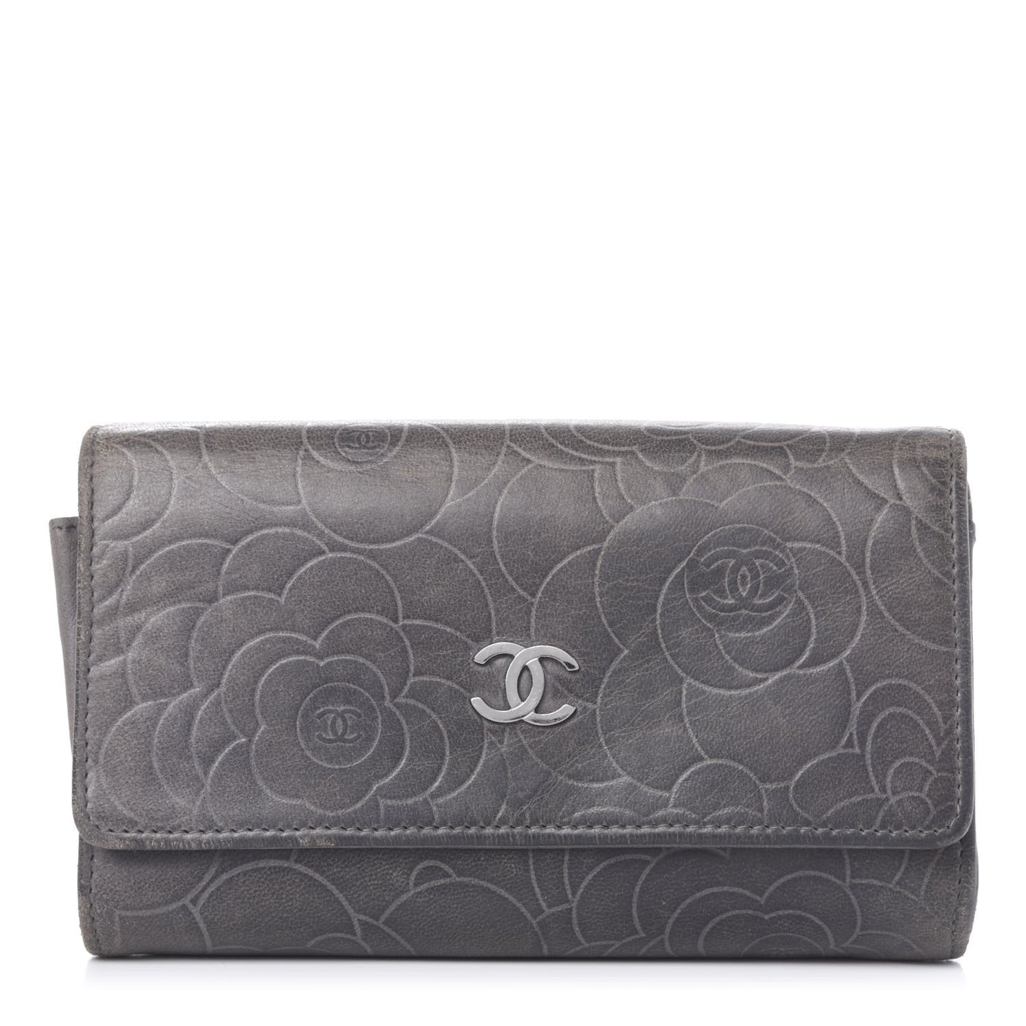 Lambskin Camellia Embossed Yen Wallet Grey