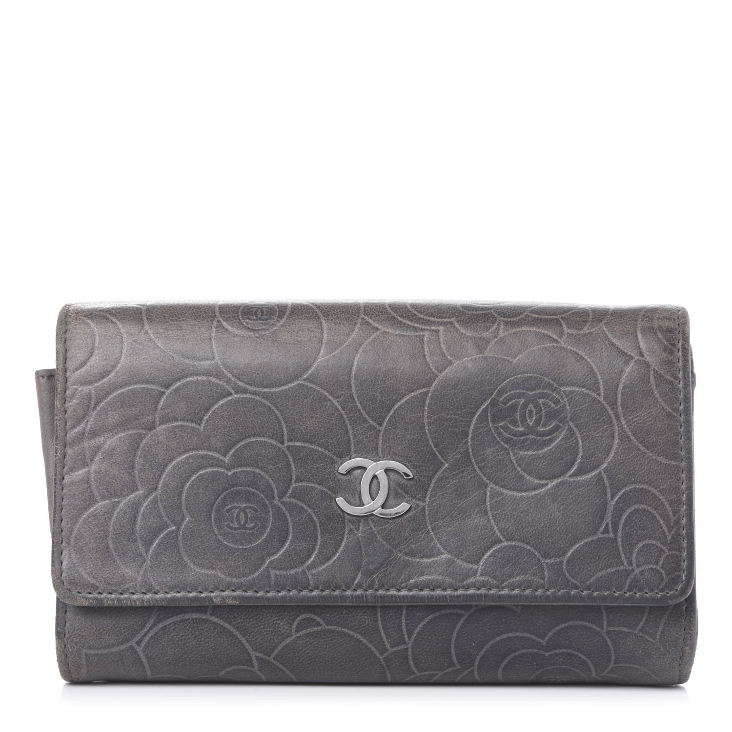 Chanel Lambskin Camellia Embossed Yen Wallet Grey 1 of 13