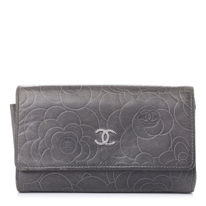 Chanel Lambskin Camellia Embossed Yen Wallet Grey 1 of 13