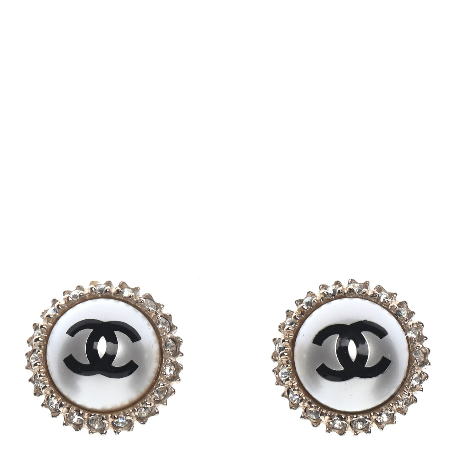 Chanel Crystal Pearl CC Round Earrings Gold Pearly White Black 1 of 4