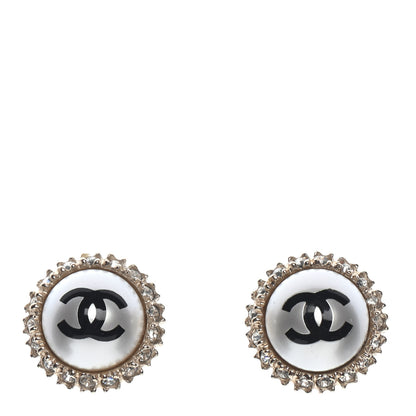 Chanel Crystal Pearl CC Round Earrings Gold Pearly White Black 1 of 4