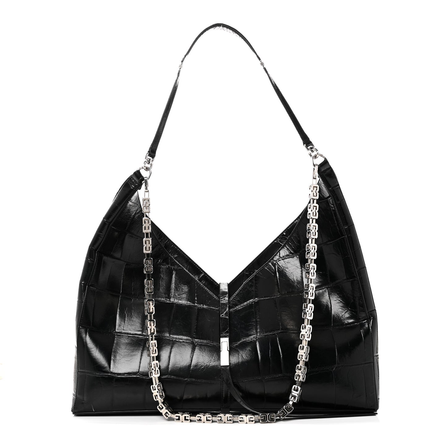 Calfskin Crocodile Embossed Large Cut Out Shoulder Bag Black