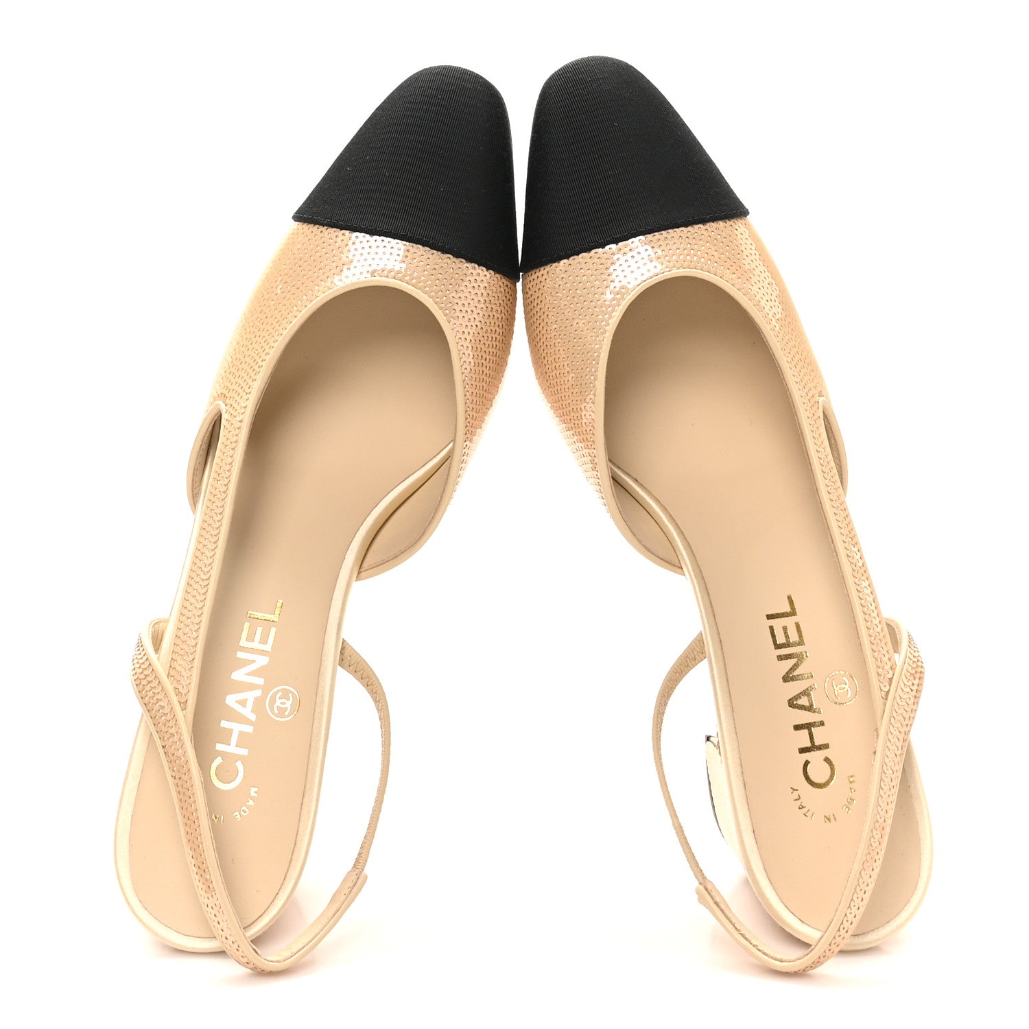 Chanel Sequin Grosgrain Cap Toe CC Slingback Pumps 40 Beige Black 2 of 10