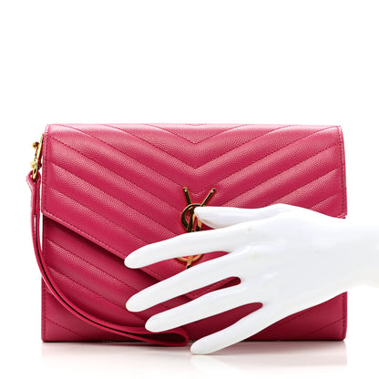 Saint Laurent Grain De Poudre Matelasse Chevron Monogram Envelope Clutch Fuchsia 2 of 7