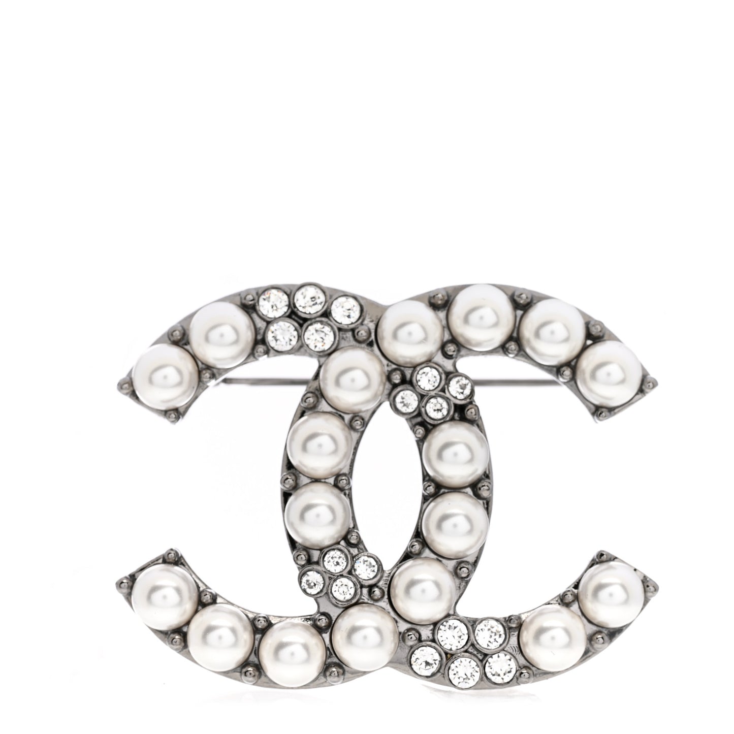 Pearl Crystal CC Brooch Silver