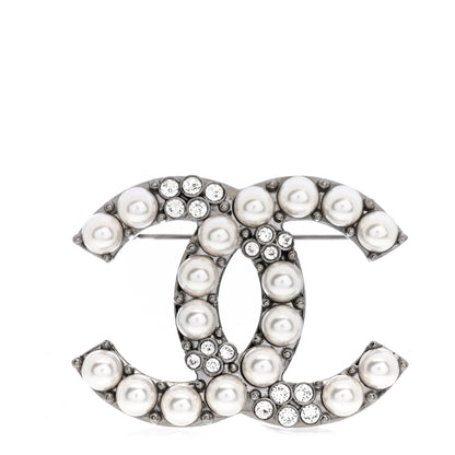 Chanel Pearl Crystal CC Brooch Silver 1 of 4