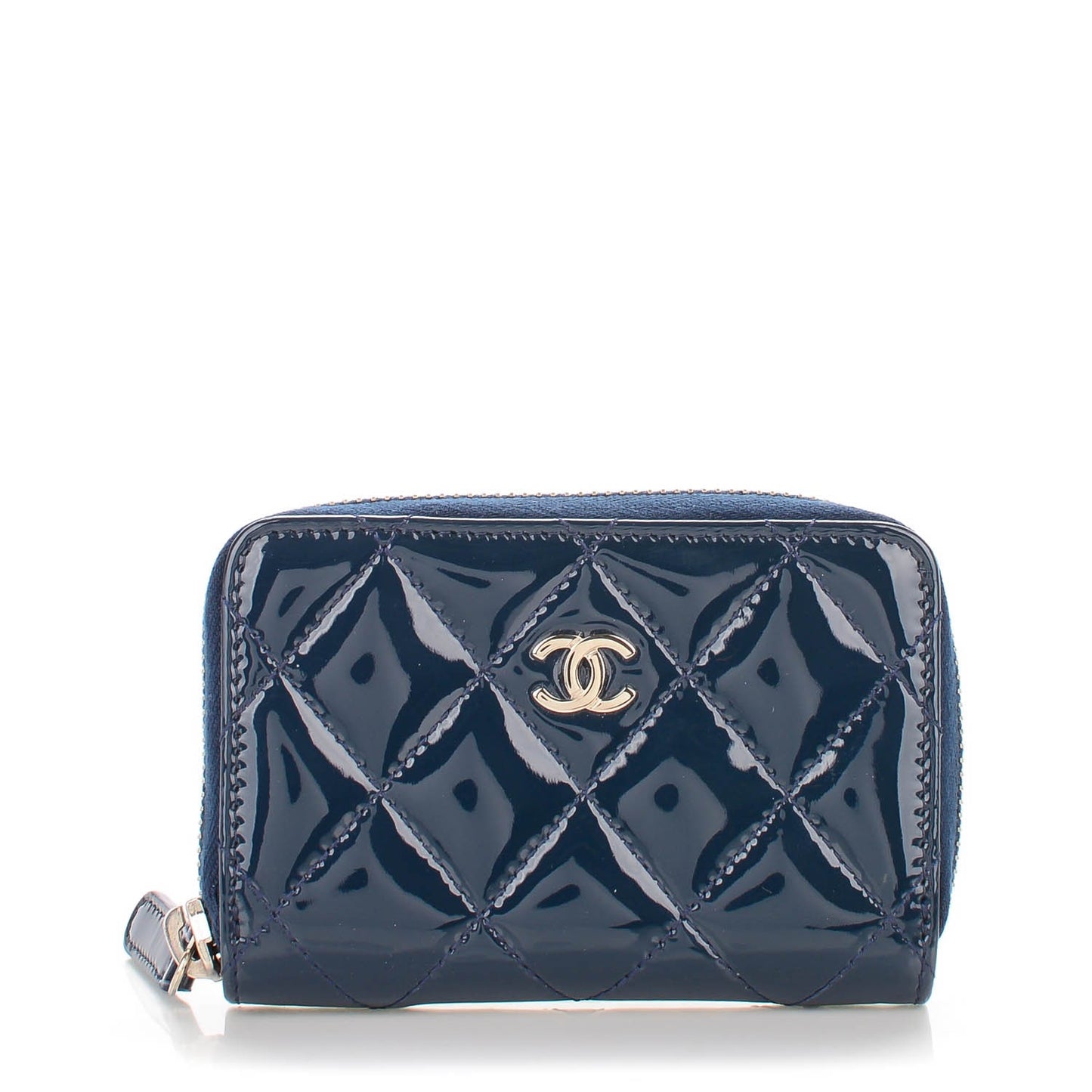 Patent Calfskin Quilted Zip Coin Purse Navy Blue