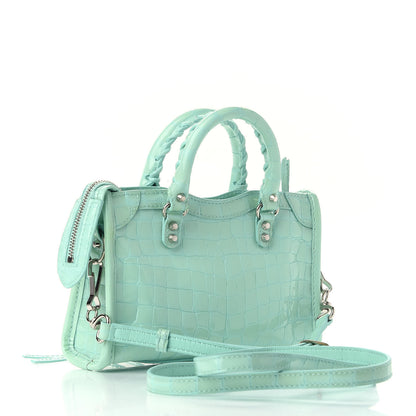 Balenciaga Patent Crocodile Embossed Classic Silver Hardware Nano City Light Green 3 of 9