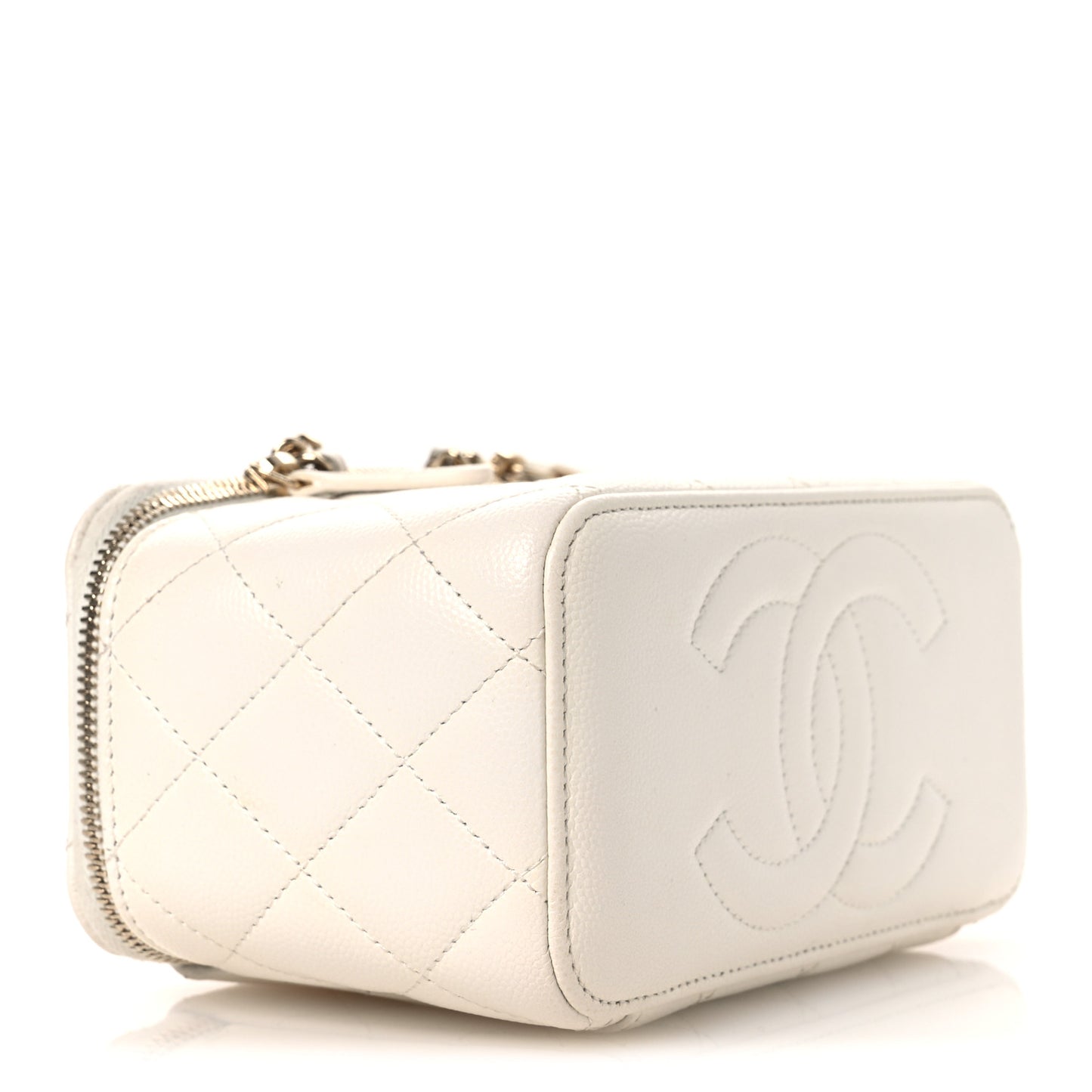 Caviar Quilted Crystal Hearts Small Vanity Case With Chain White
