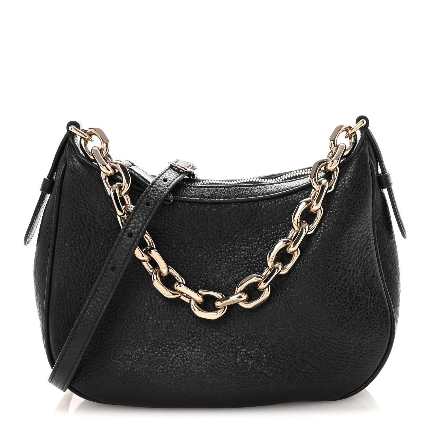 Gucci GG Grainy Calfskin Emblem Small Half Moon Shoulder Bag Black 1 of 10