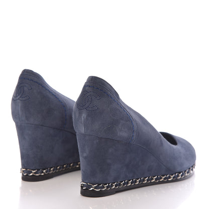 Chanel Suede Lambskin Cap Toe Chain Wedge Pumps 39 Blue 4 of 8