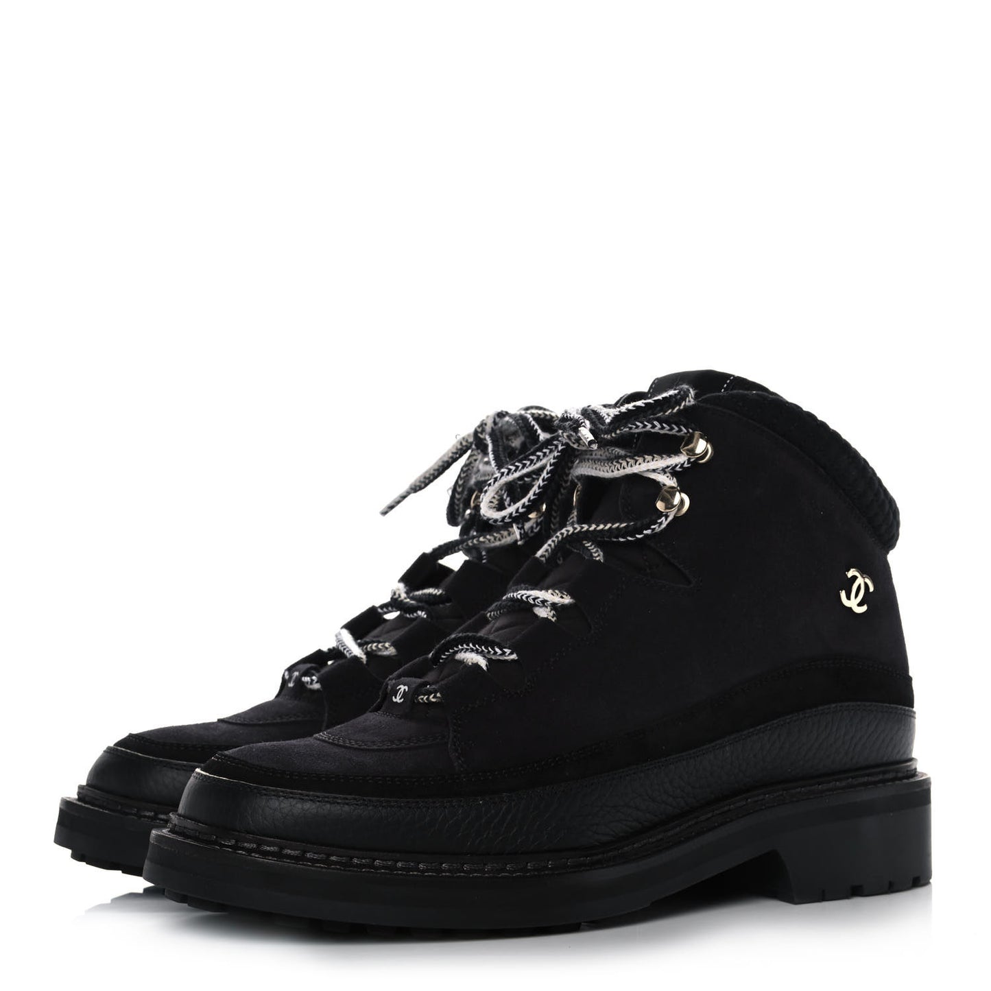 Suede Grained Calfskin CC Lace Up Boots 41 Black