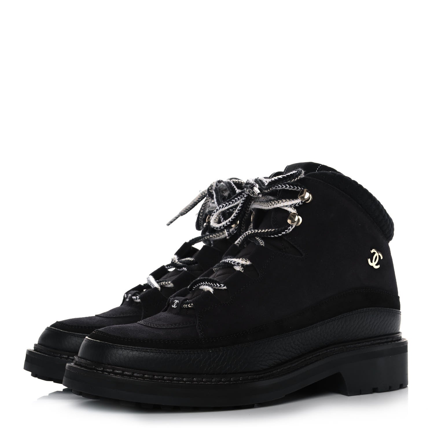 Chanel Suede Grained Calfskin CC Lace Up Boots 41 Black 3 of 10