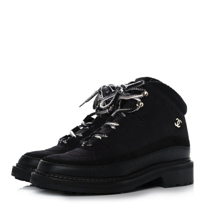 Chanel Suede Grained Calfskin CC Lace Up Boots 41 Black 3 of 10