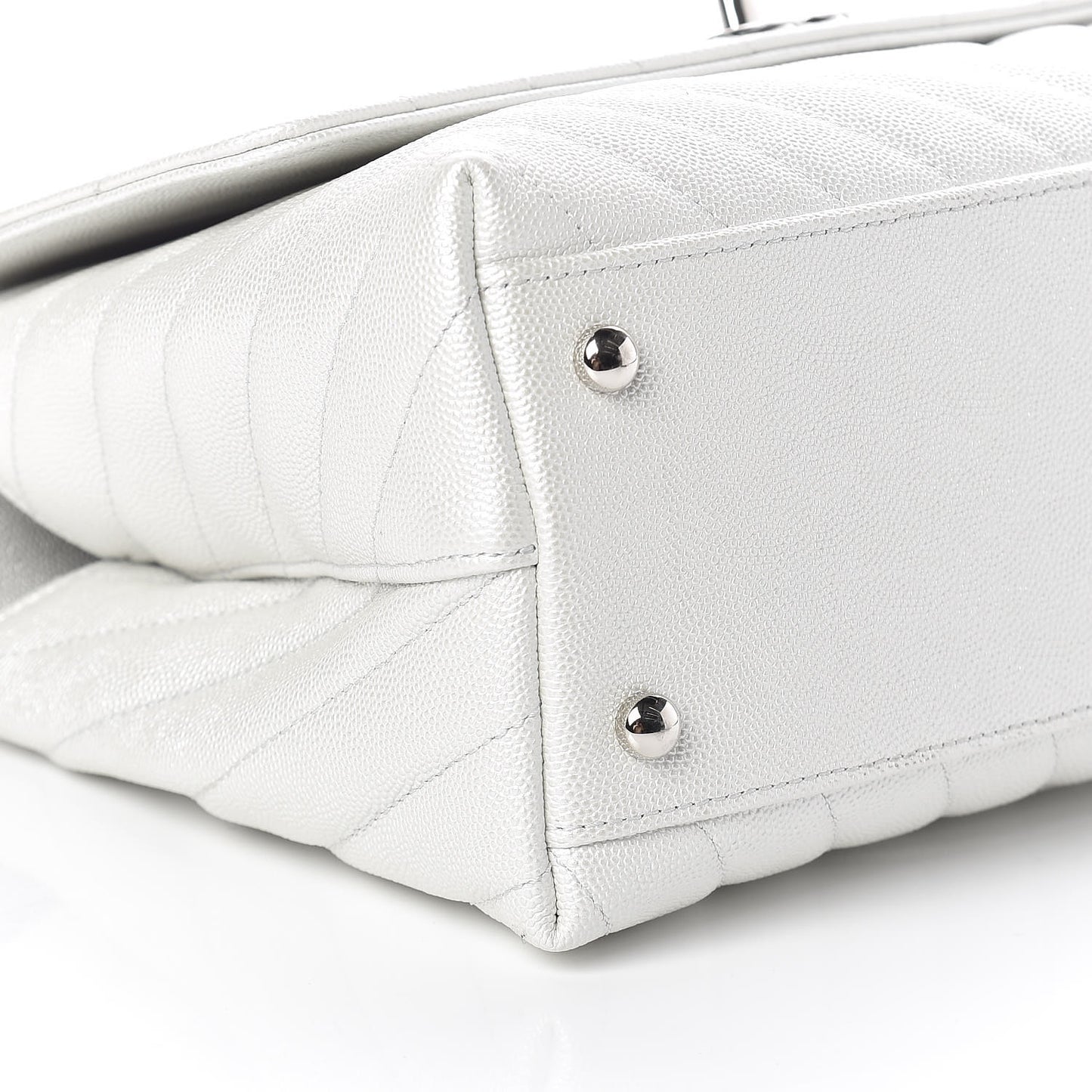 Iridescent Caviar Chevron Quilted Small Coco Handle Flap White