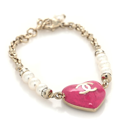 Chanel Resin Crystal Pearl Chain Heart CC Bracelet Pink White Gold 1 of 6
