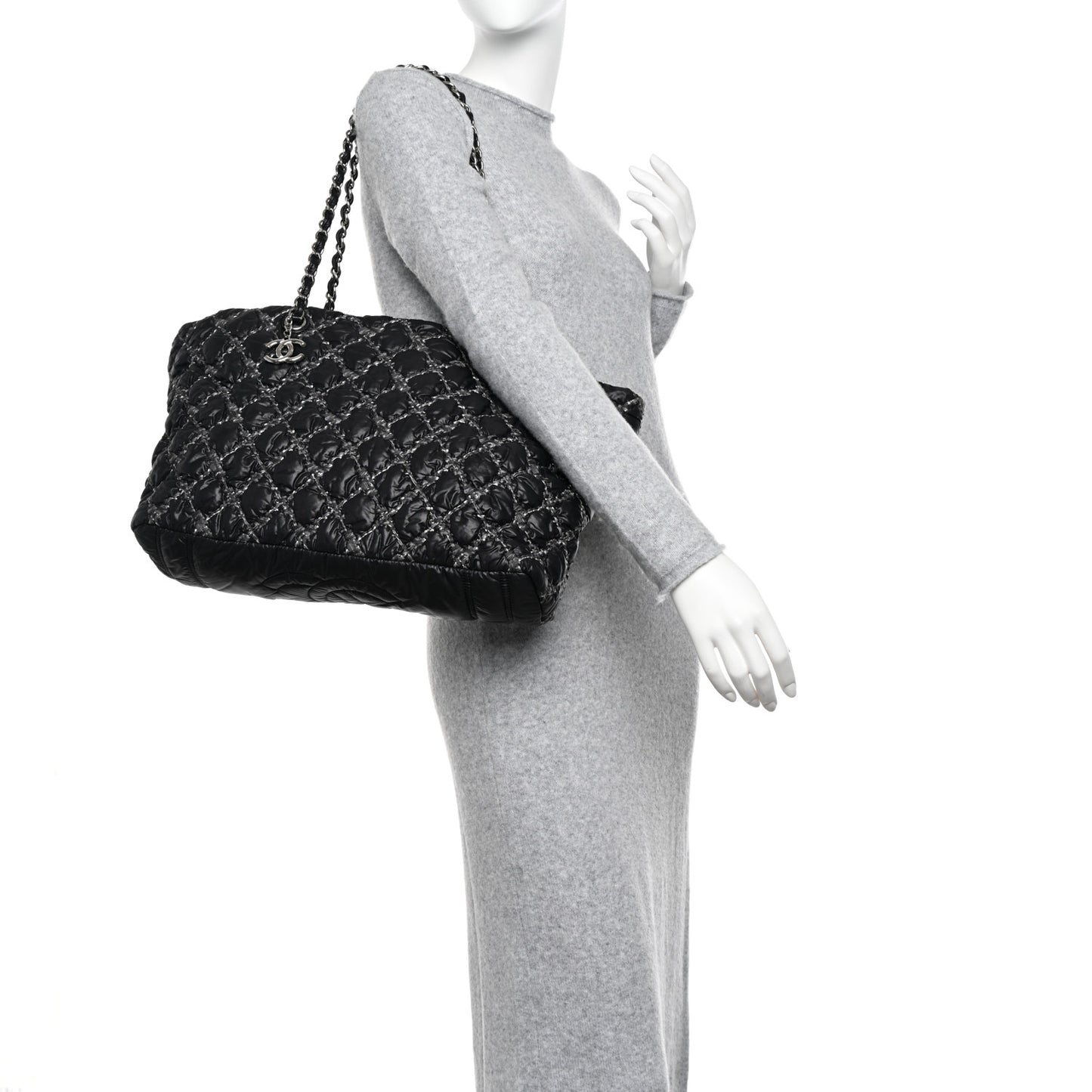 Nylon Quilted Tweed Stitch Bubble Tote Black