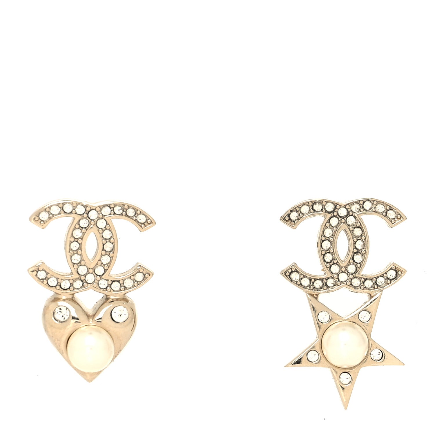 Chanel Crystal Pearl Charming Winter CC Star Heart Earrings Gold 1 of 4