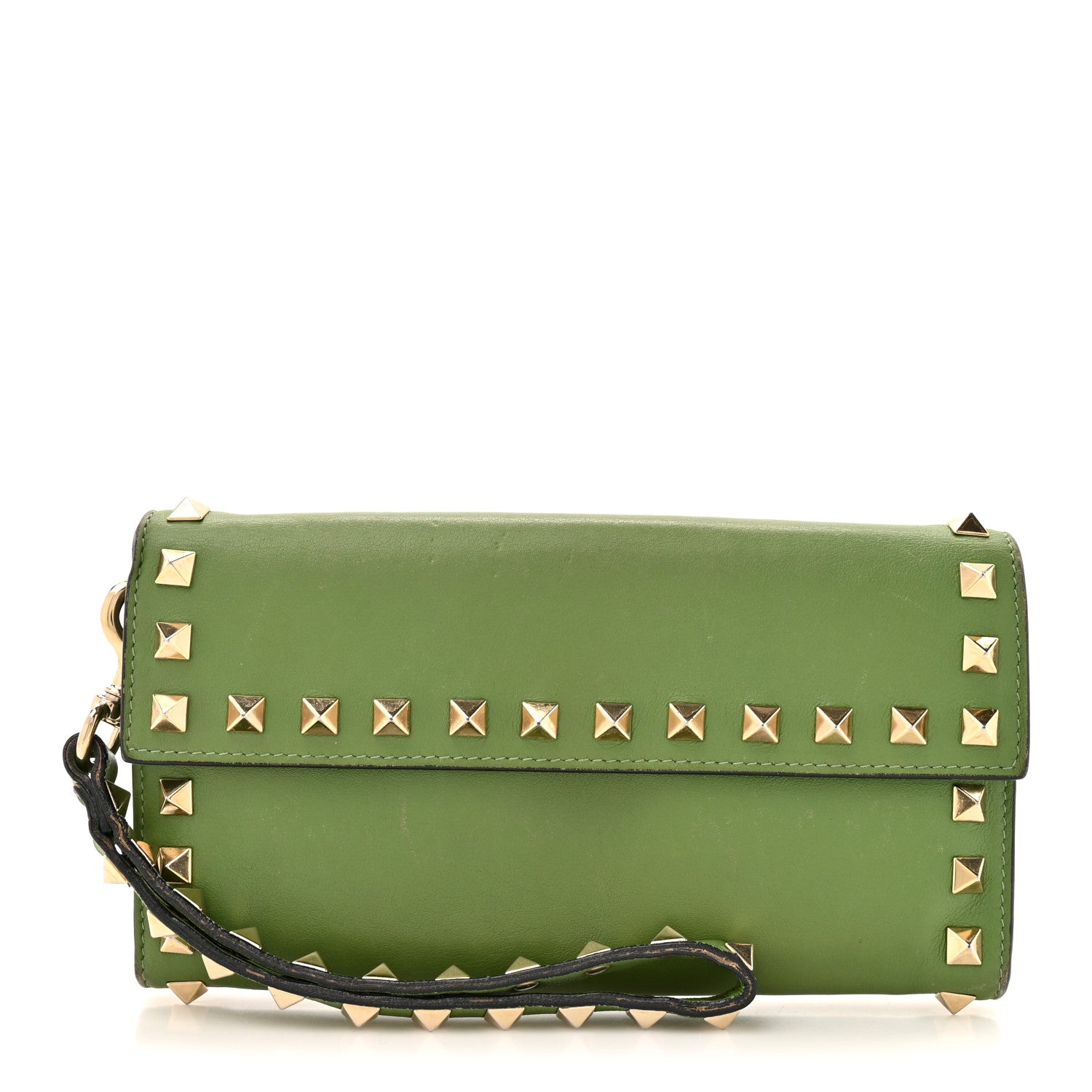 Valentino Garavani Calfskin Rockstud Wristlet Travel Wallet Green 1 of 17