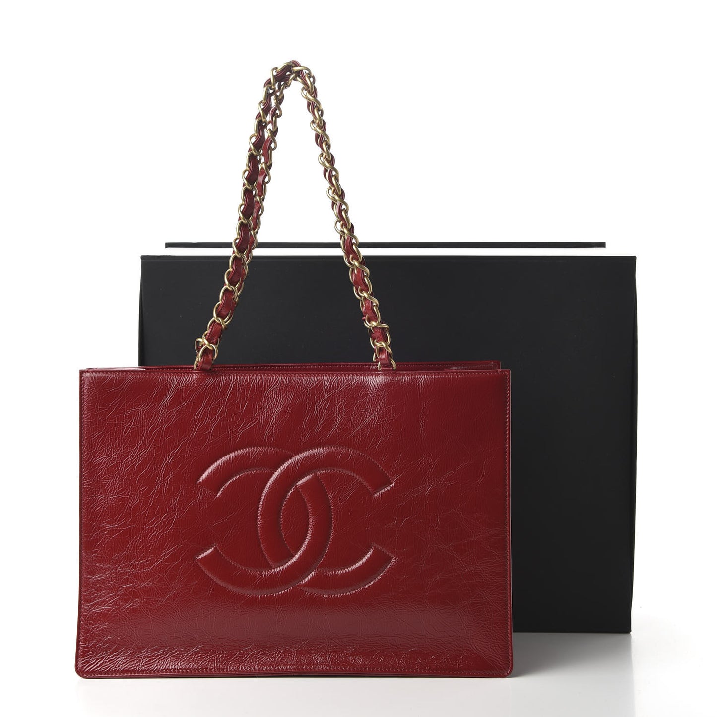 Shiny Aged Calfskin Shopping Bag Red