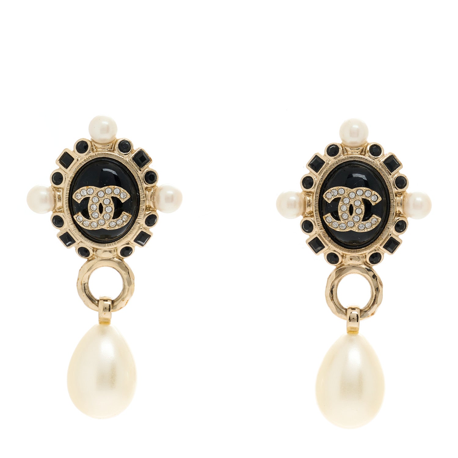 Chanel Crystal Pearl CC Drop Earrings Gold White Black 1 of 5