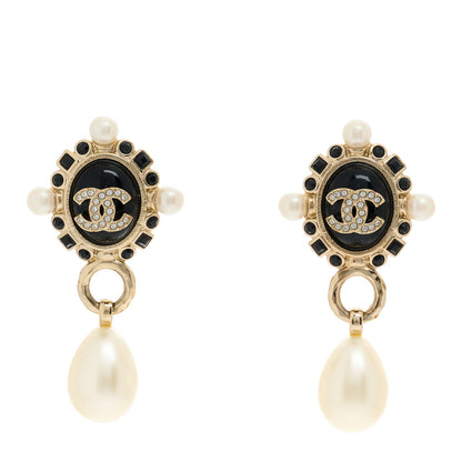 Chanel Crystal Pearl CC Drop Earrings Gold White Black 1 of 5