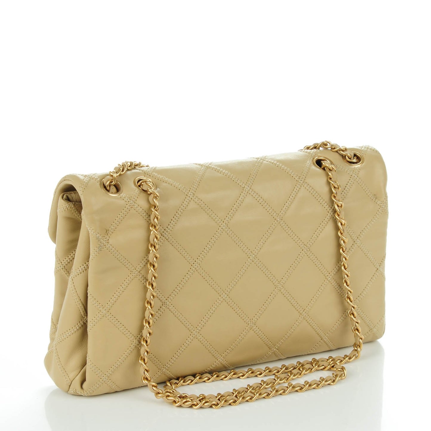 Calfskin Stitched Thin City Flap Clutch Beige