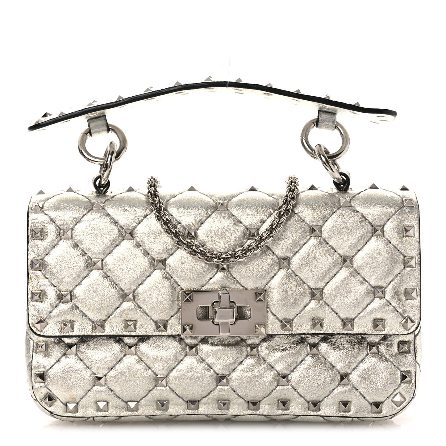 Metallic Nappa Small Rockstud Spike Shoulder Bag Silver