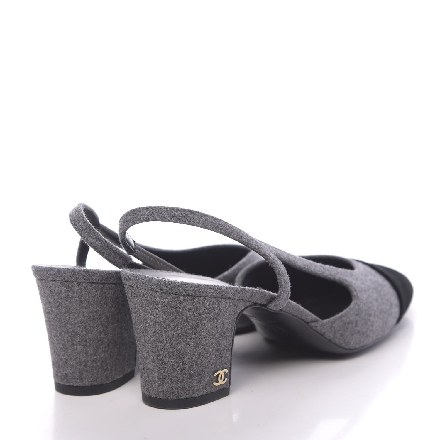 Chanel Wool Velvet Cap Toe CC Slingback Pumps 38 Black Grey 4 of 9