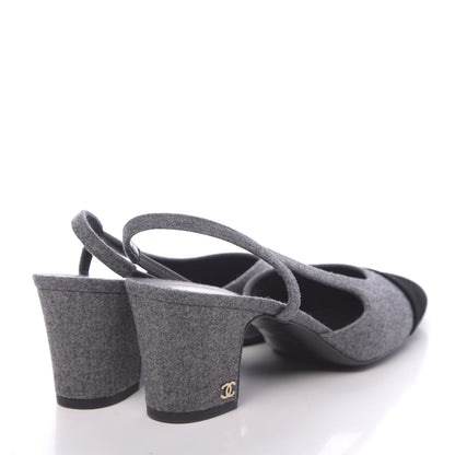 Chanel Wool Velvet Cap Toe CC Slingback Pumps 38 Black Grey 4 of 9