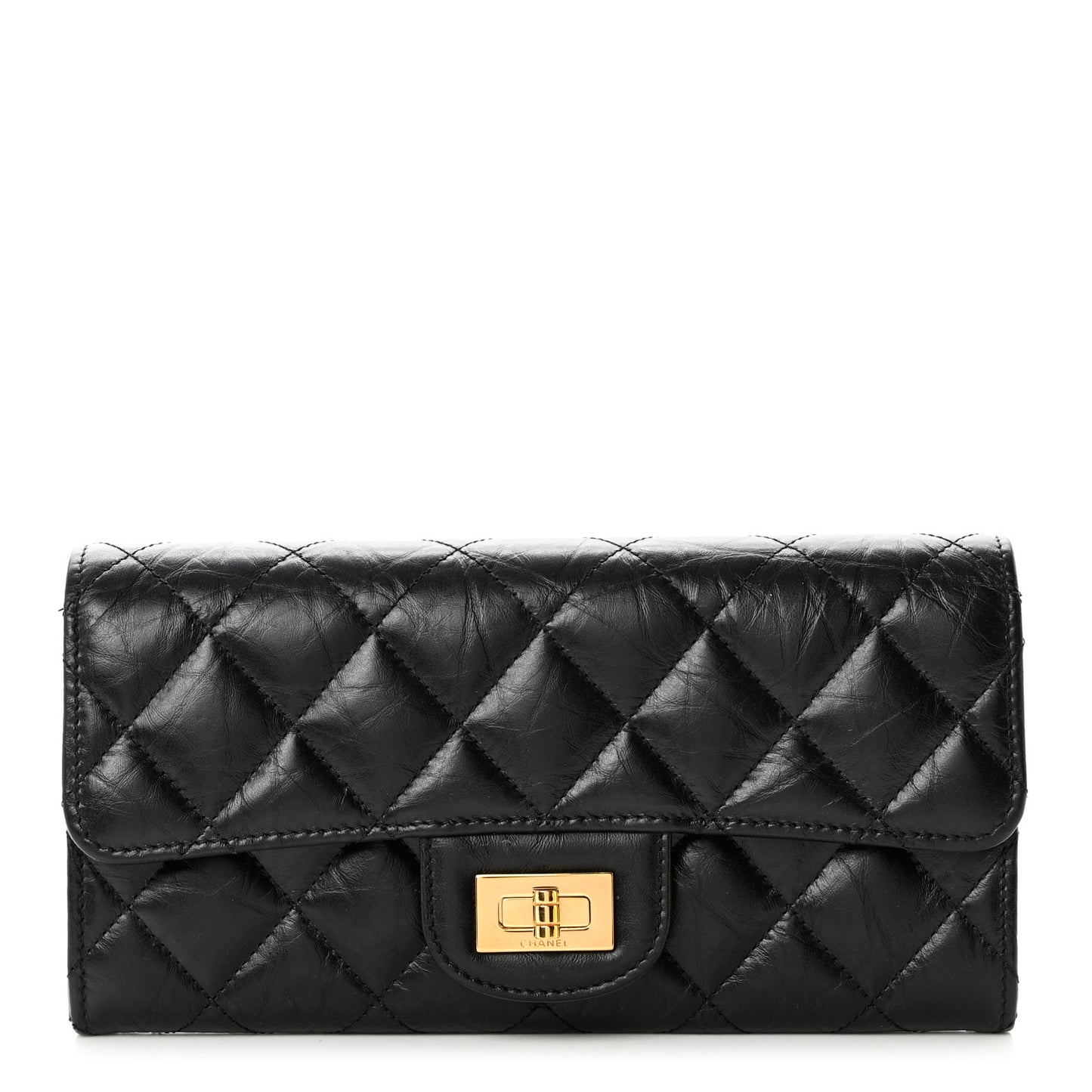 Crumpled Calfskin Quilted Large Reissue Gusset Flap Wallet Black