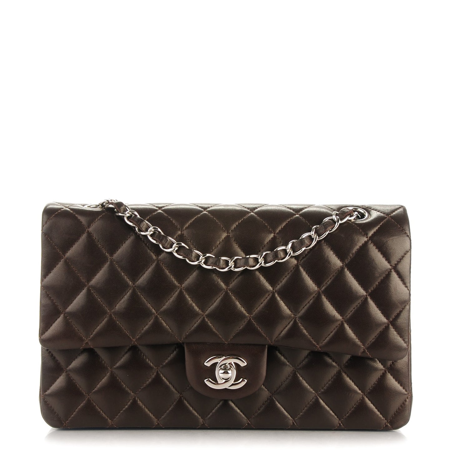Lambskin Quilted Medium Double Flap Dark Brown