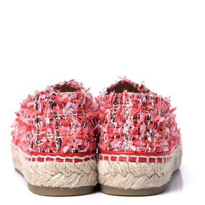 Chanel Tweed Grosgrain CC Espadrilles 37 Coral Red Pink Black 4 of 6
