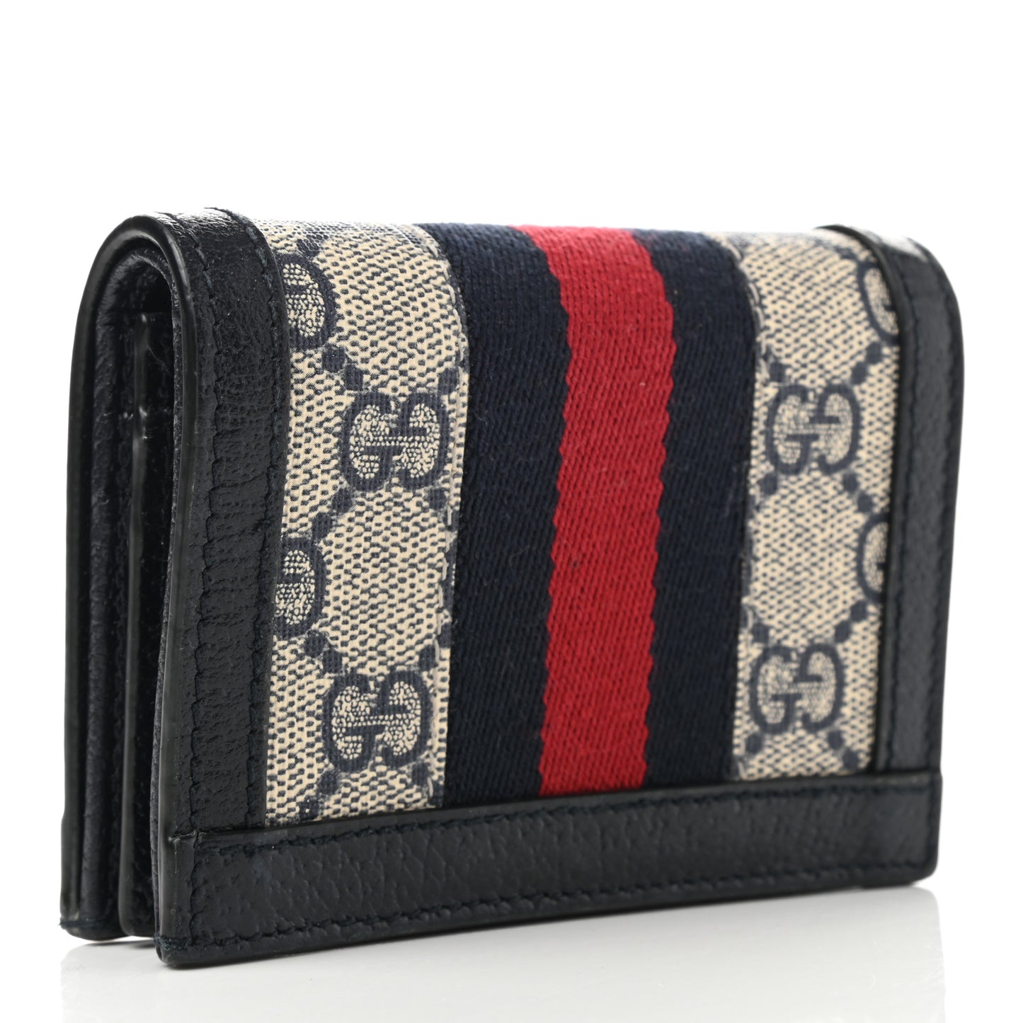 GG Supreme Monogram Textured Dollar Calfskin Web Ophidia Card Case Beige Blue