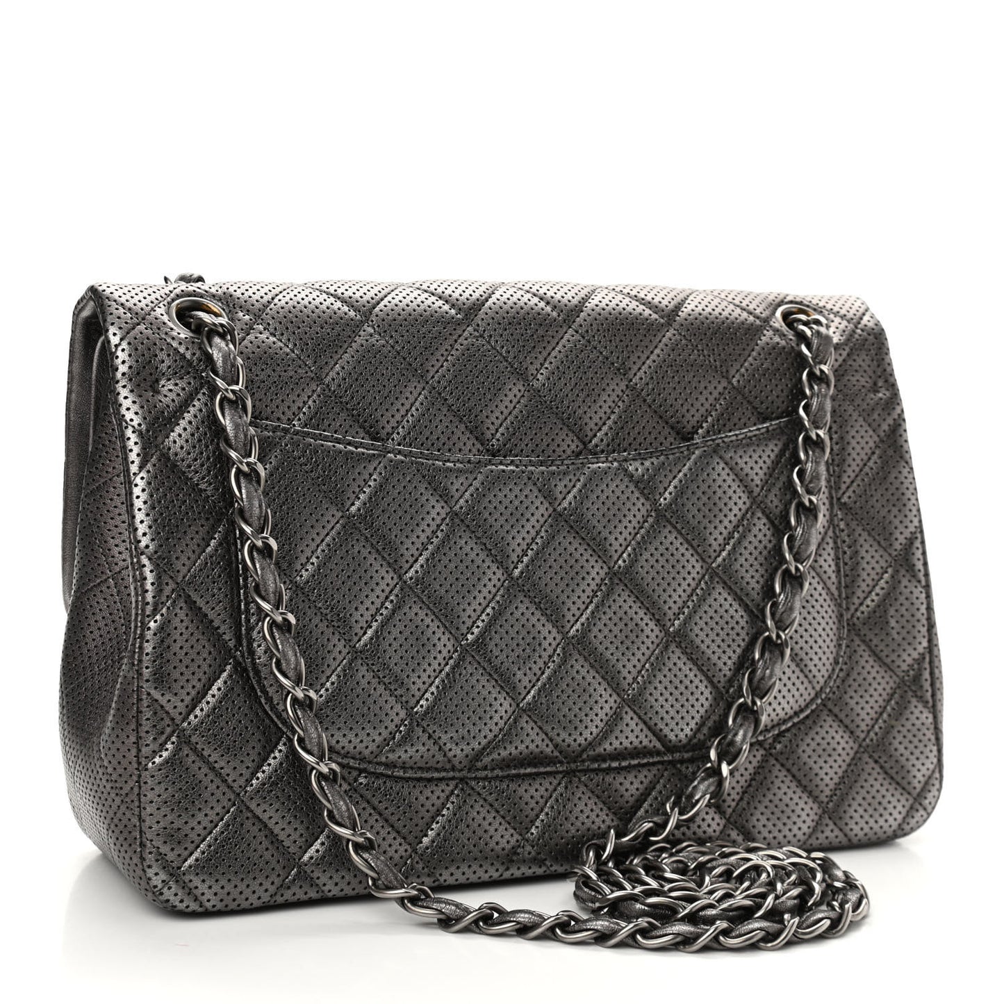 Metallic Perforated Lambskin Quilted Jumbo Double Flap Dark Silver