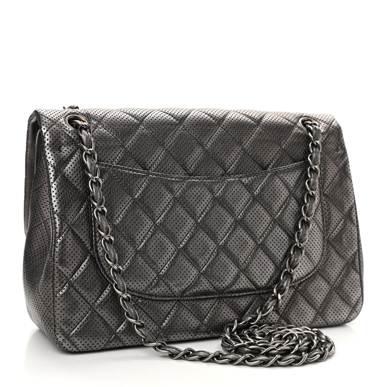 Chanel Metallic Perforated Lambskin Quilted Jumbo Double Flap Dark Silver 3 of 11