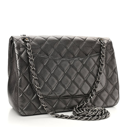 Chanel Metallic Perforated Lambskin Quilted Jumbo Double Flap Dark Silver 3 of 11