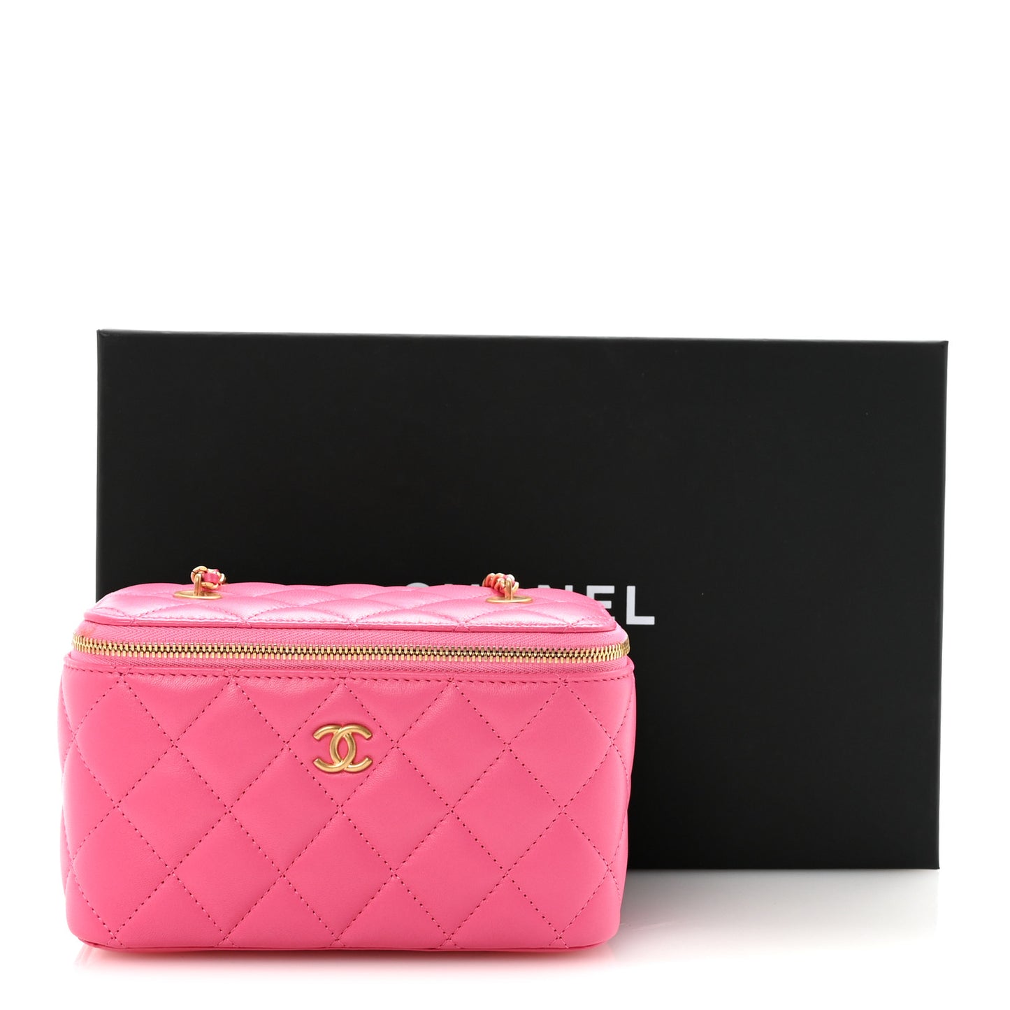Lambskin Enamel Quilted Small Coco Hearts Vanity Case With Chain Pink