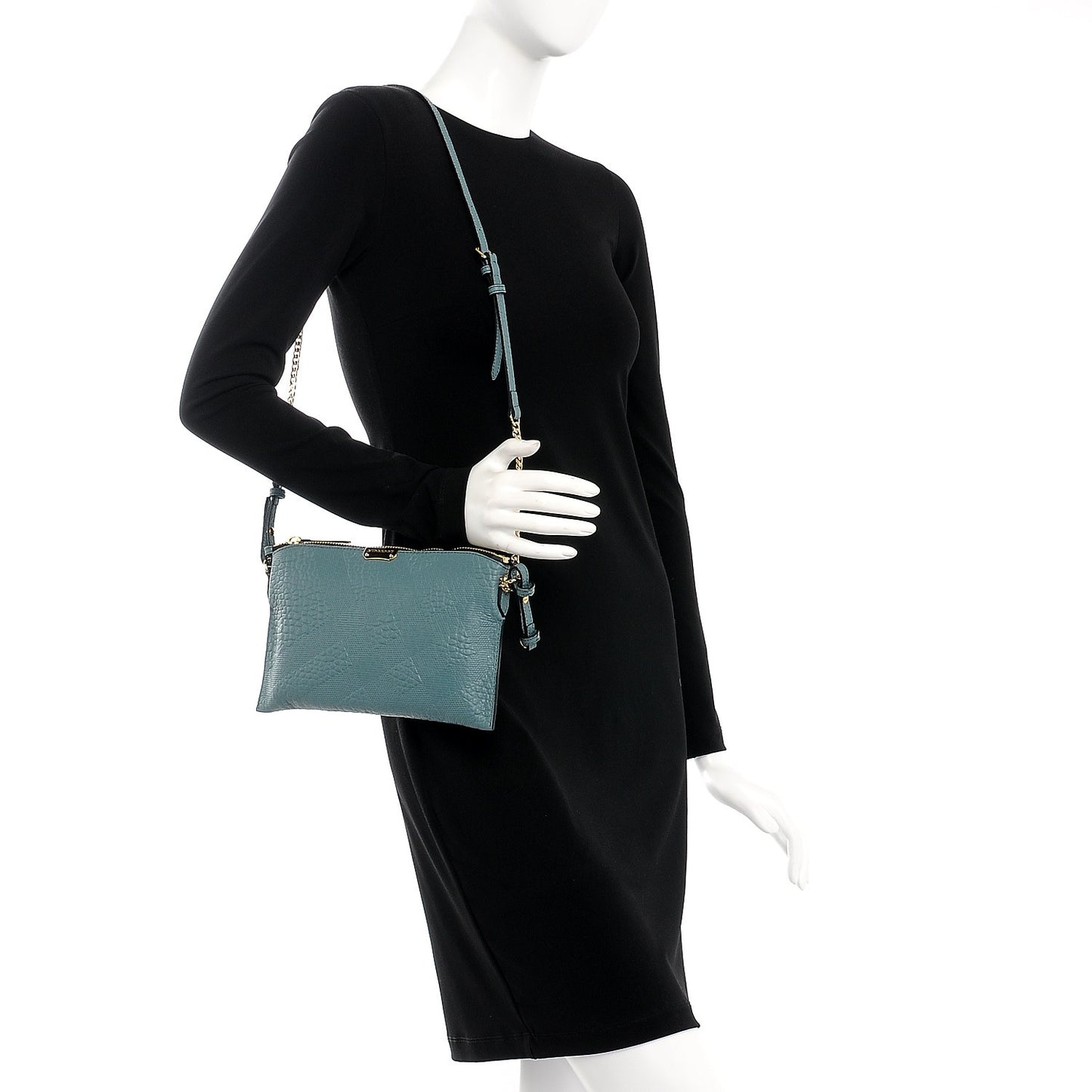 Signature Grain Calfskin Check Embossed Peyton Crossbody Clutch Bag Celadon Blue