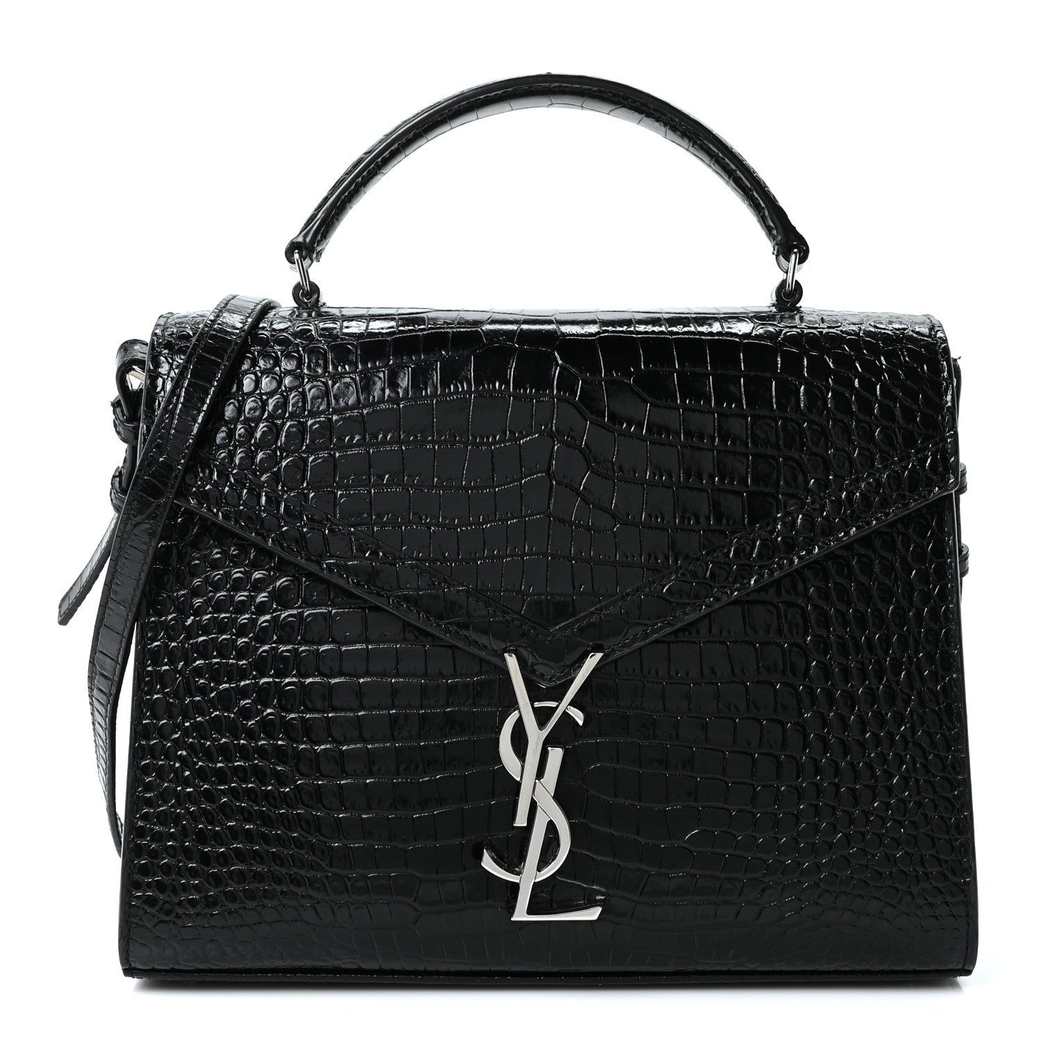 Saint Laurent Calfskin Crocodile Embossed Medium Classic Monogram Cassandra Top Handle Black Rouge Legion 1 of 10