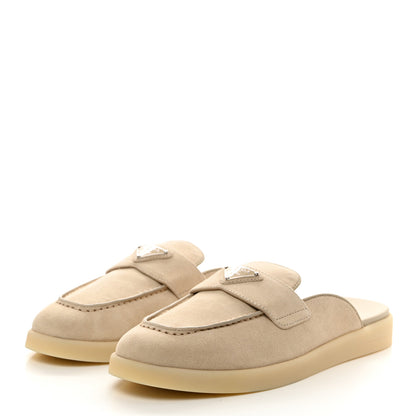 Prada Suede Metal Triangle Logo Saint Tropez 25mm Loafer Mules 36.5 Talco 3 of 9