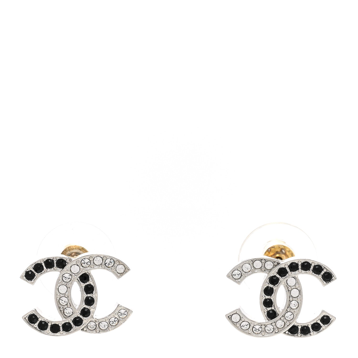 Chanel Crystal CC Stud Earrings Black Silver 1 of 5