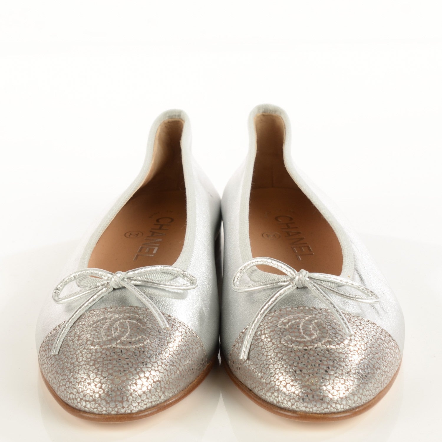 Chanel Lambskin Metallic CC Cap Toe Ballerina Flats 37 Silver 2 of 8