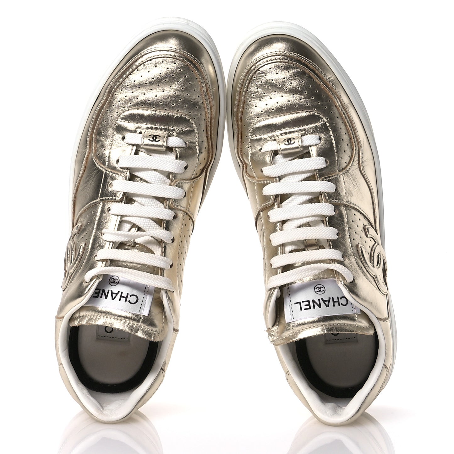 Laminated Calfskin CC Womens Sneakers 41 Golden