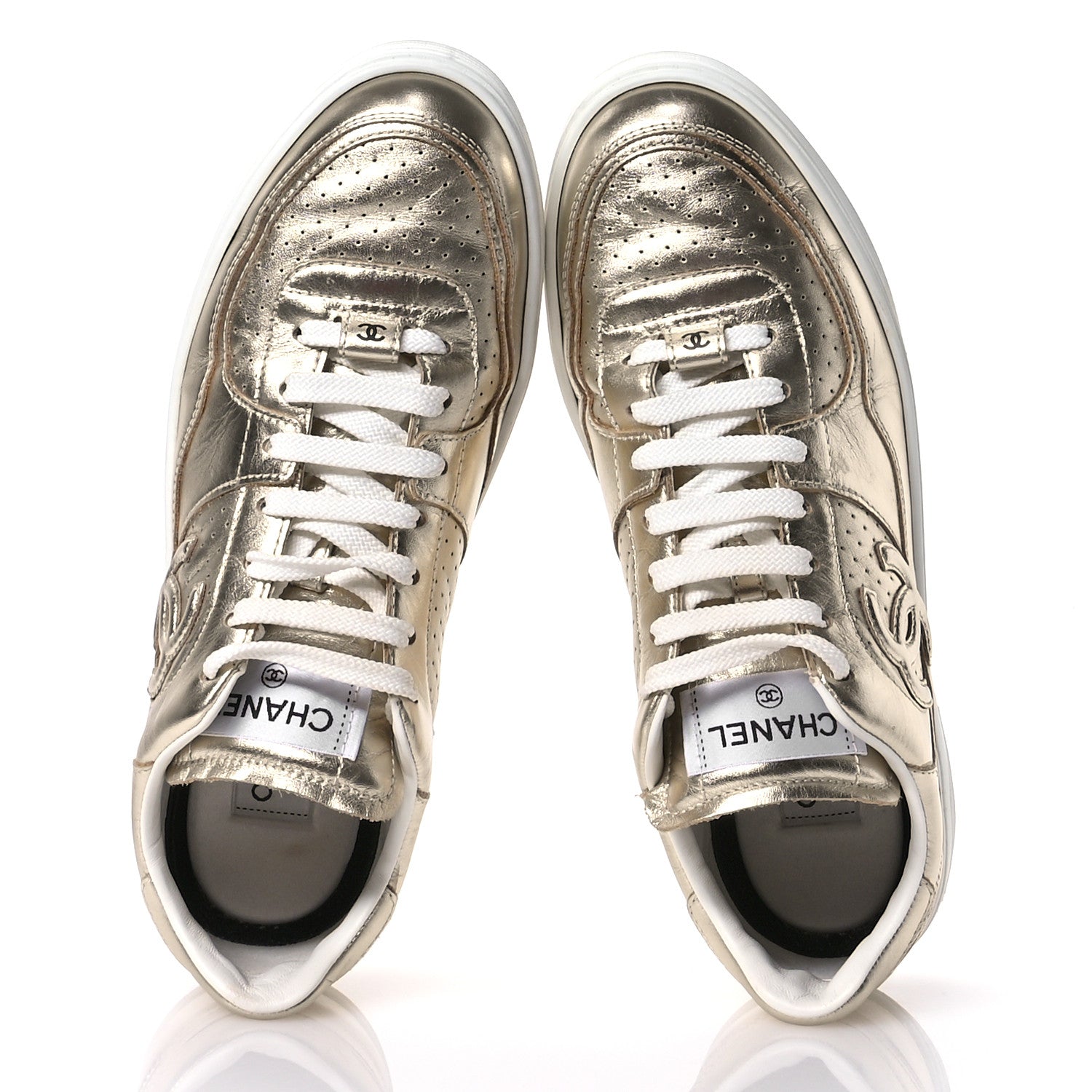 Chanel Laminated Calfskin CC Womens Sneakers 41 Golden 2 of 10